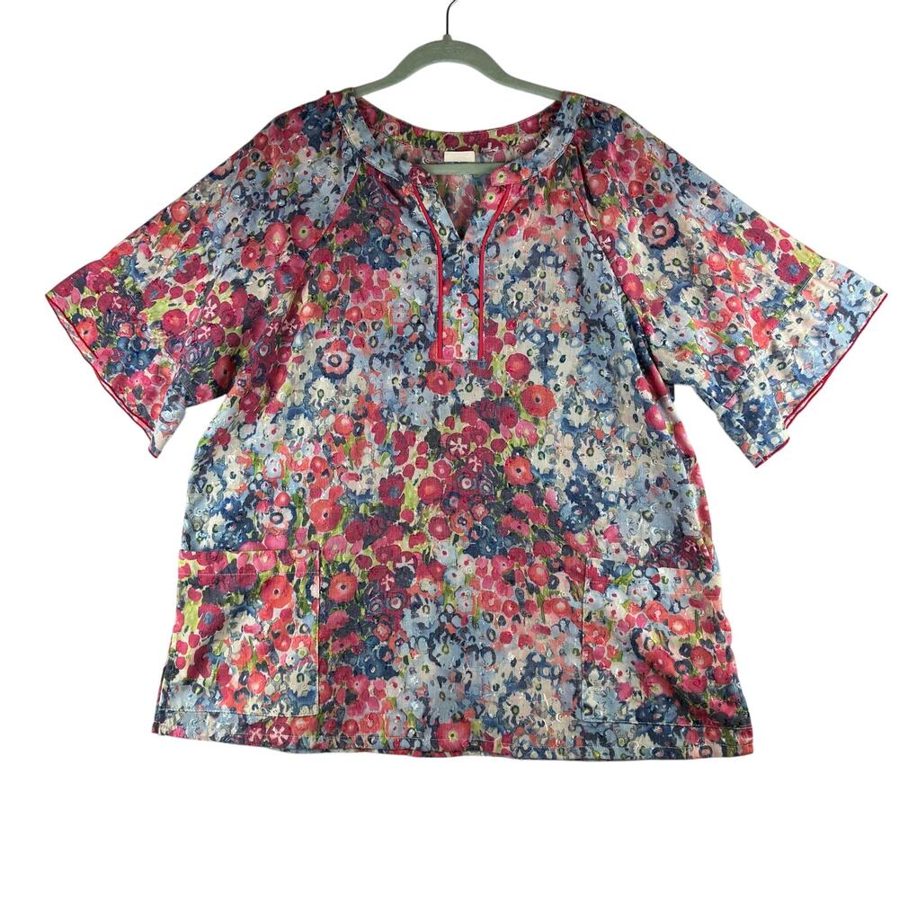 Elan Barco Short Ruffle Sleeve Tunic Scrub Top Womens XL Floral Watercolor Artsy